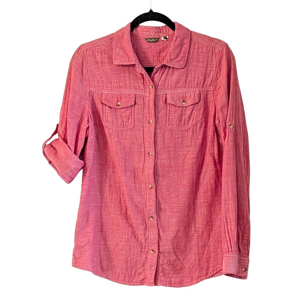 Eddie Bauer Linen Blend Button Down Roll Tab Top M Pink Lightweight Coverup